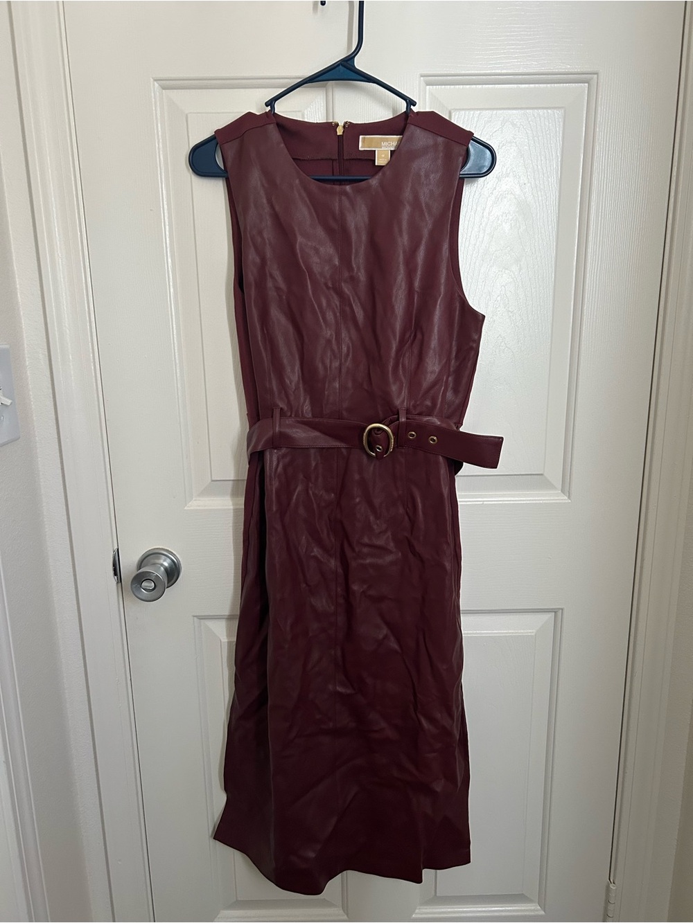 MICHAEL Michael Kors Sleeveless Faux Leather Belted Midi Dress - Burgundy